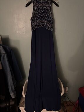 Cachet Navy Beaded High-Neck Prom Gown